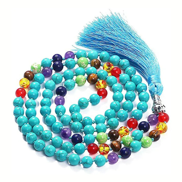 Long unisex agate and amethyst tassel necklace with blue stone pattern, measuring 95-100cm.