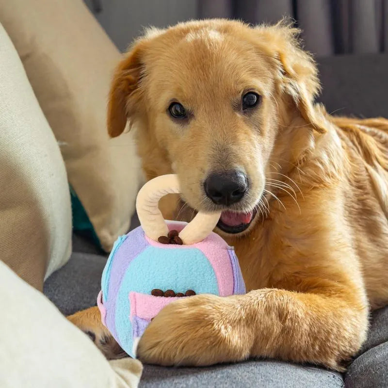 Pink or green polyester squeaky plush ball dog toy with treat pockets for small to medium breeds