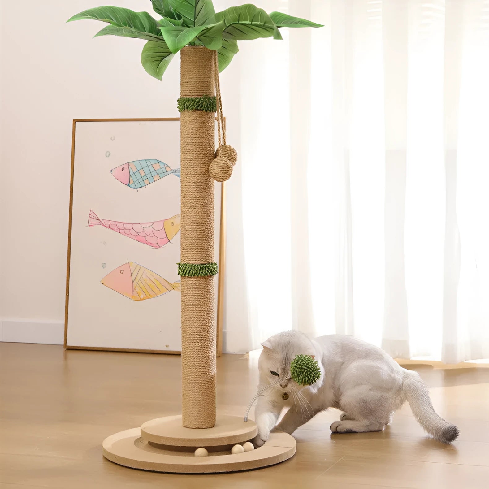 Vertical cat climbing frame with canna coloured chamfering grab column made from hemp rope