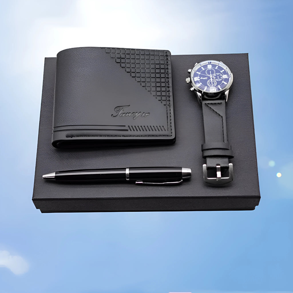 Creative holiday gift set showing wallet, pen, and watch in elegant gift box in black or brown colour