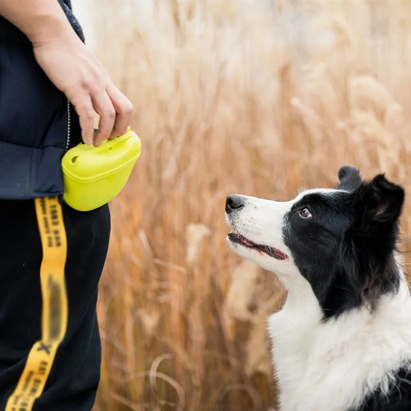 Silicone dog training treat pouch with belt clip and magnetic closure, shown in assorted colours.