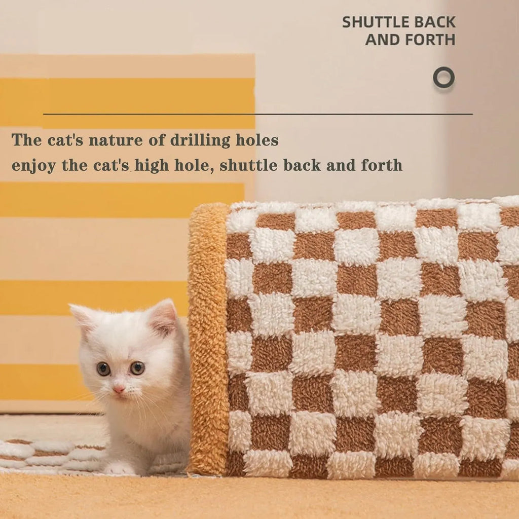 Brown plush plaid collapsible cat tunnel bed with central mat measuring 80x80x22cm