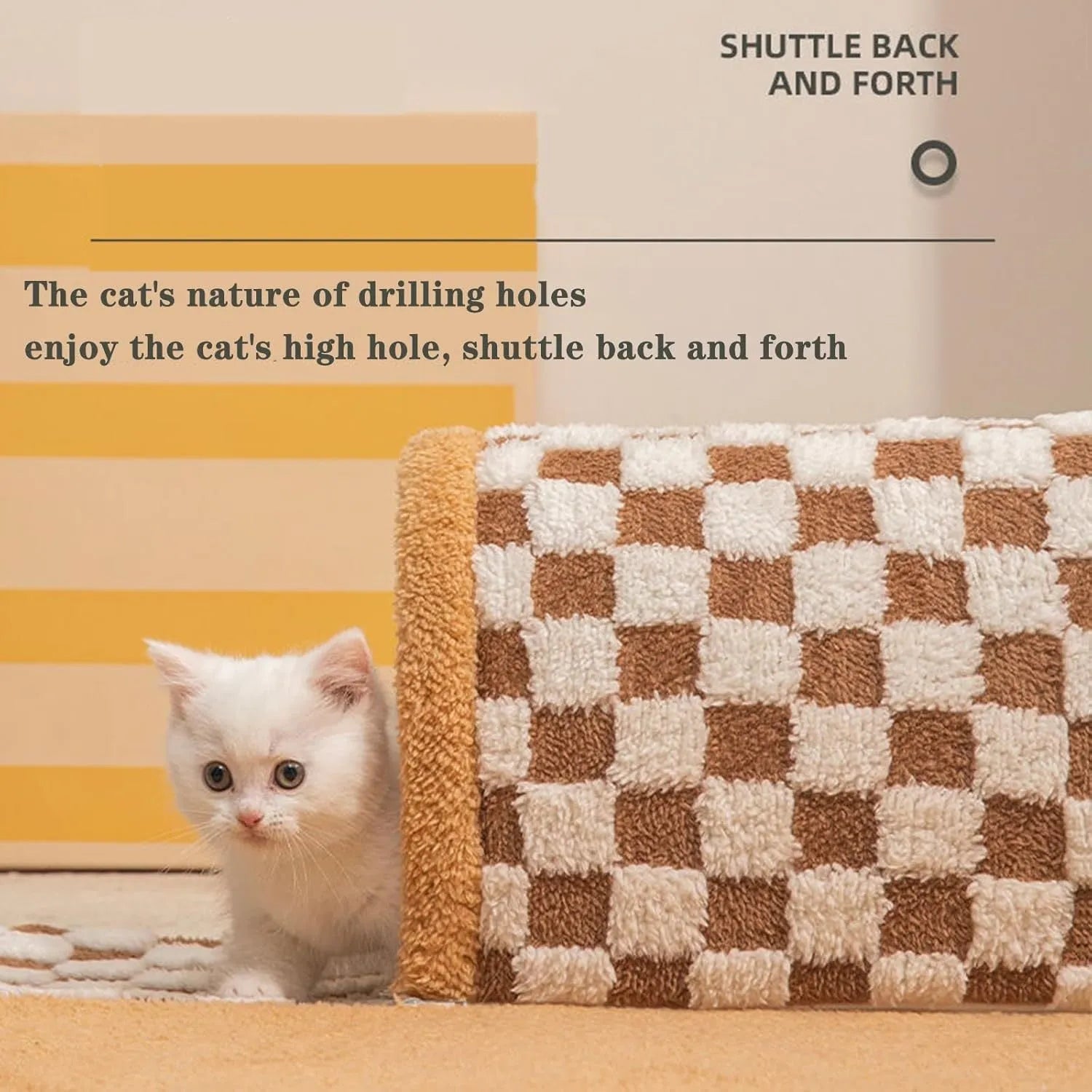 Brown plush plaid collapsible cat tunnel bed with central mat measuring 80x80x22cm