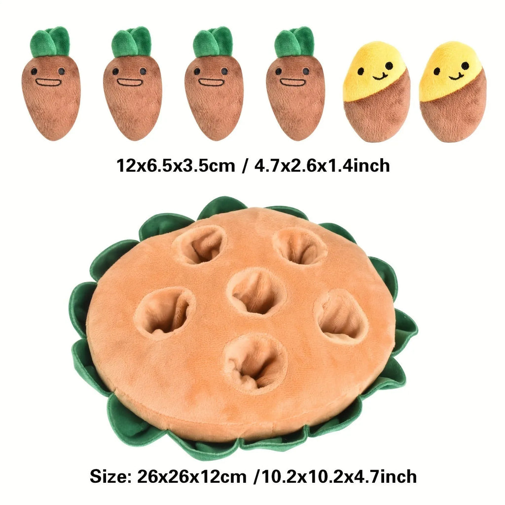 Yellow interactive dog puzzle toy with removable squeaky plush toys and feeding pads