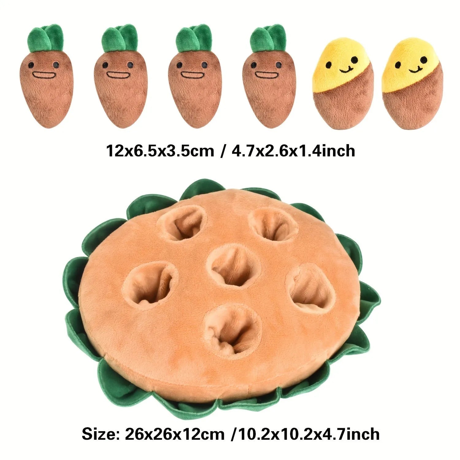Yellow interactive dog puzzle toy with removable squeaky plush toys and feeding pads