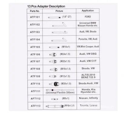 13-piece automatic transmission oil refuelling kit with transmission injector tool