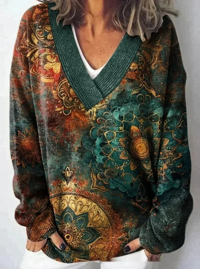 Women's V-neck long sleeve sweatshirt with a detailed 3D floral print pattern.