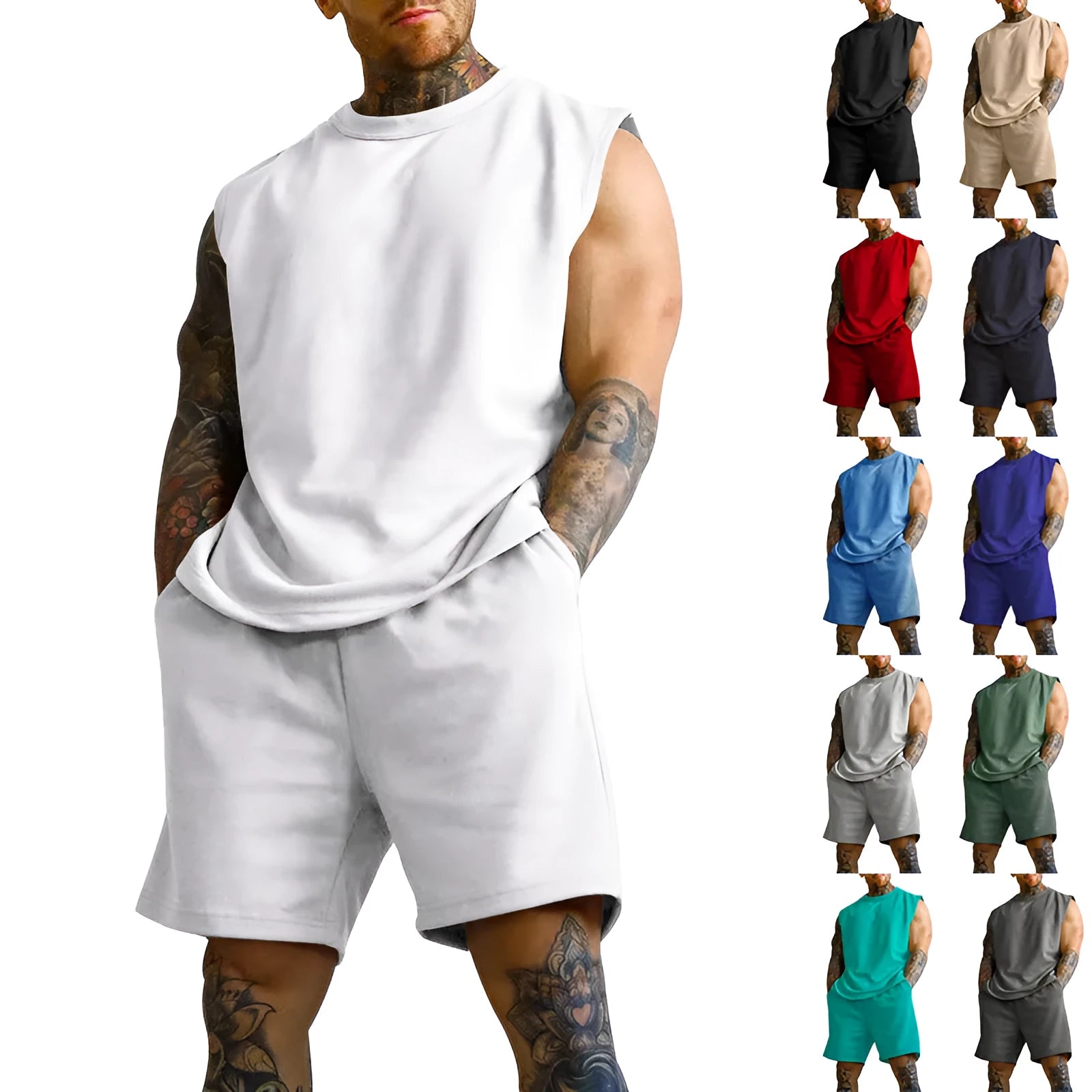 Men's sleeveless cotton blend sports top and shorts set in solid colour