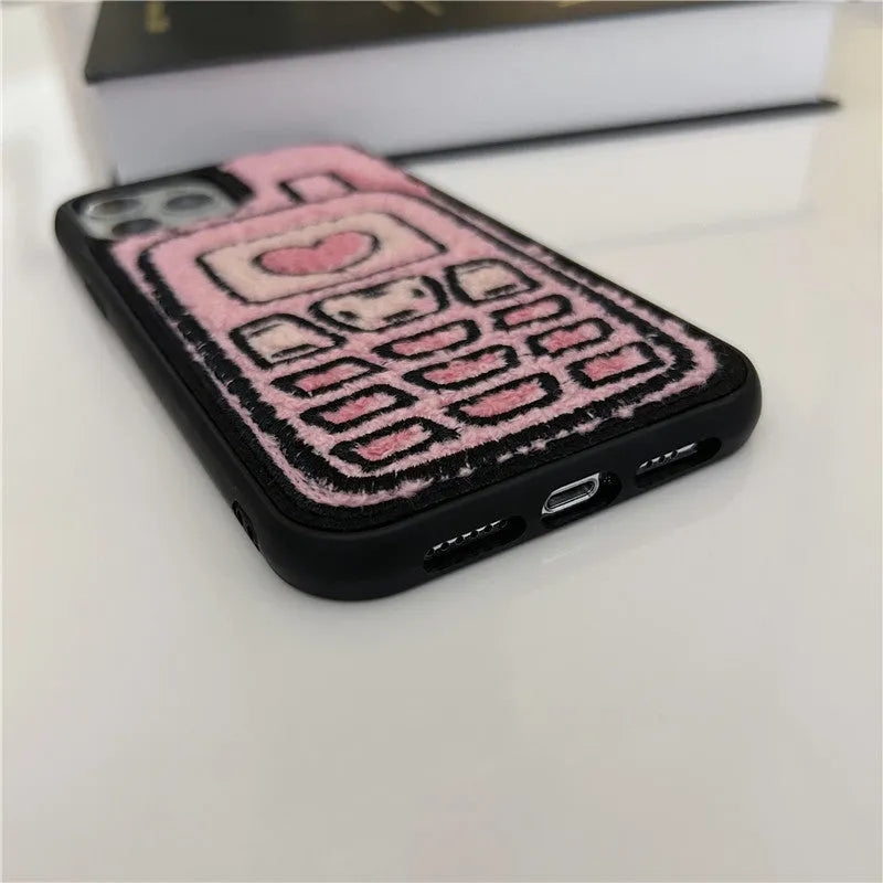 Pink TPU iPhone case with towel embroidery design on back
