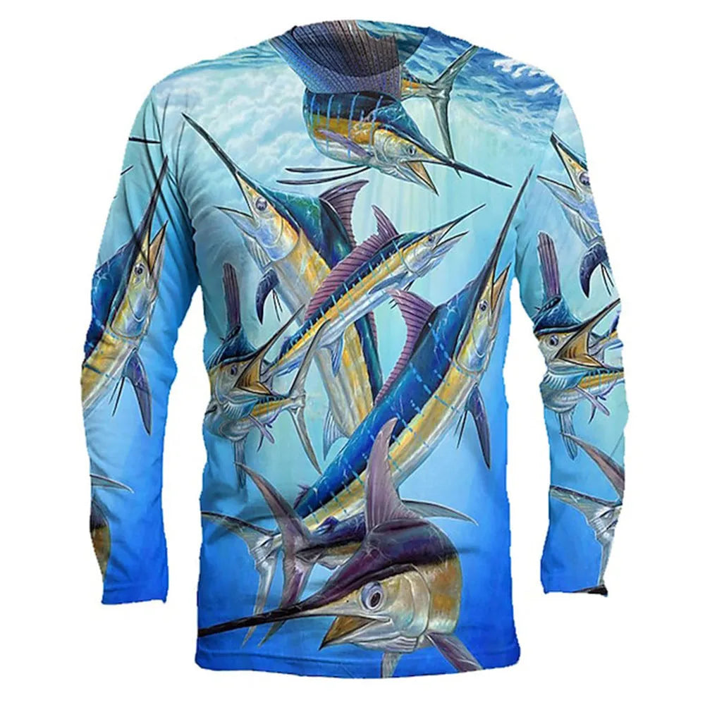 Men's grey round neck pullover with a colourful fish print design on the front, long sleeves.