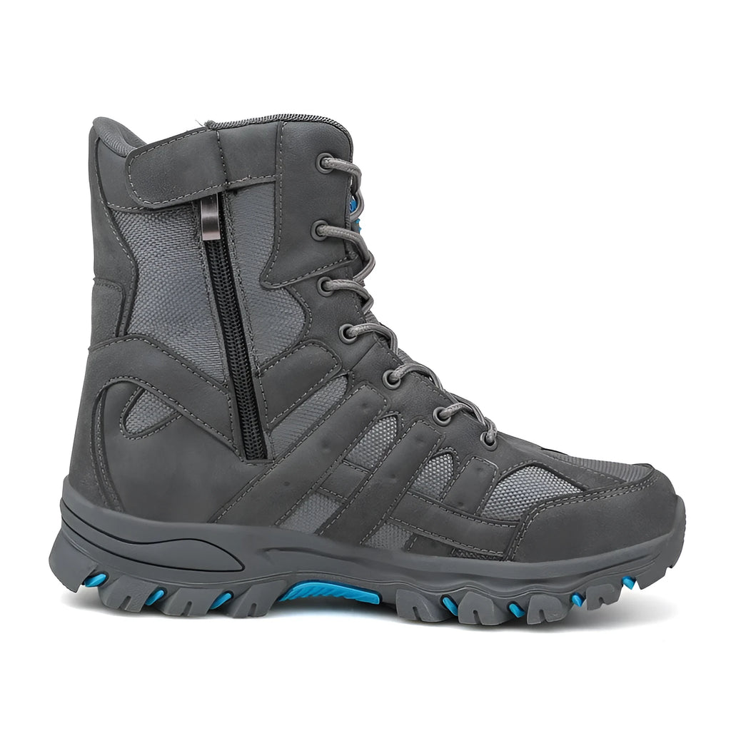 Men's tactical high-top boots in black with wear-resistant rubber outsole, suitable for outdoor mountaineering and field use