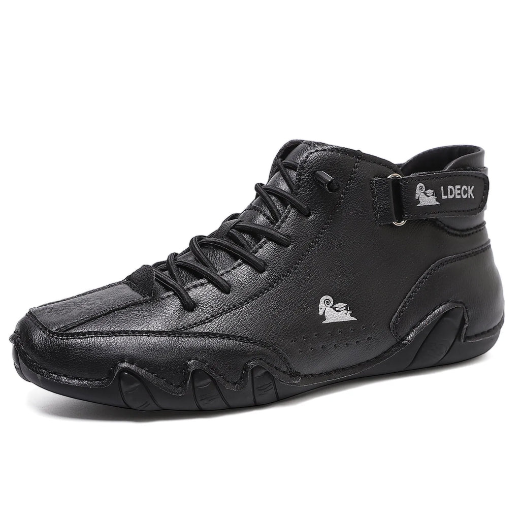 Men's khaki high top octopus shoes with round toe and rubber sole.