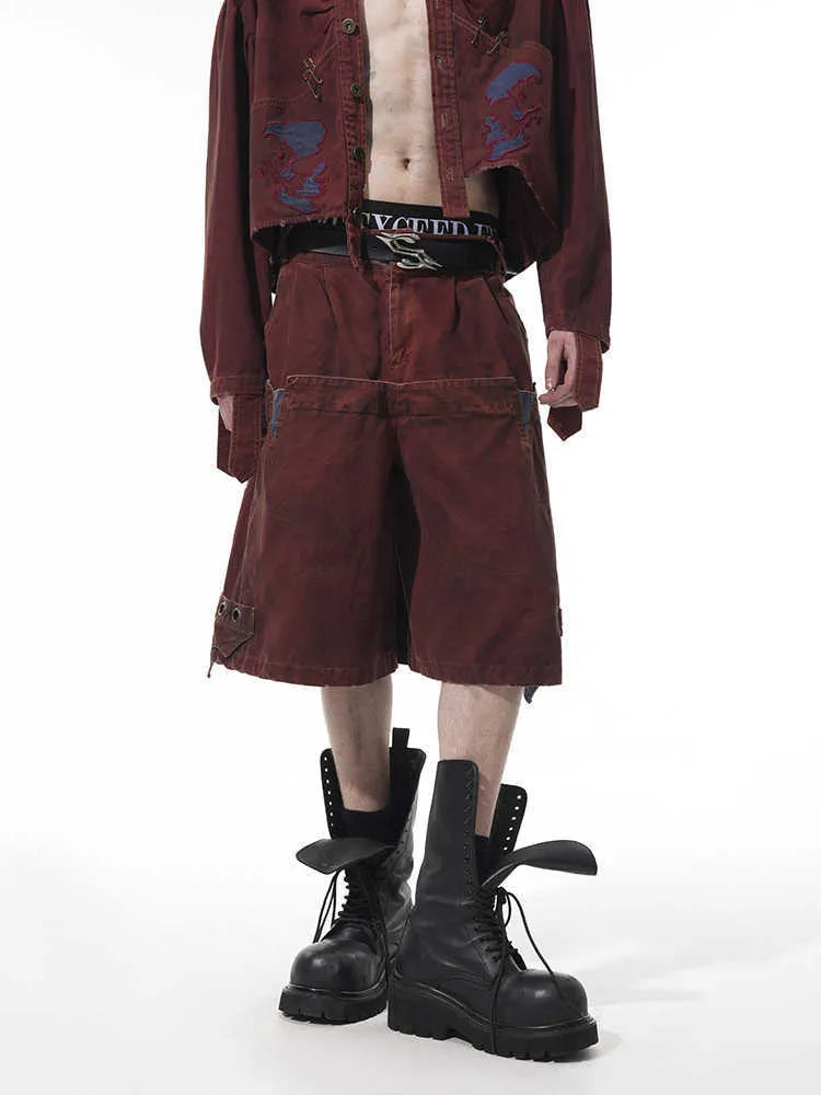 Men's double waist loose cropped black pants with washed stitching, fifth-pants length, mid-high waist, on model