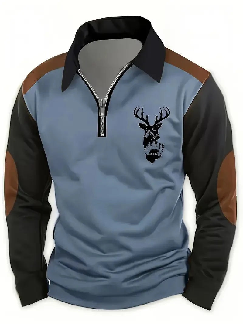 3D printed men's long sleeve polo shirt with colour block splicing and zipper decoration, loose fit, polyester blend, available in multiple colours