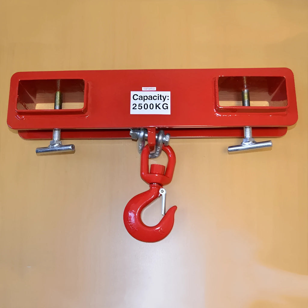 Iron rotatable drum crane locking hook for forklift attachment with safety lock.