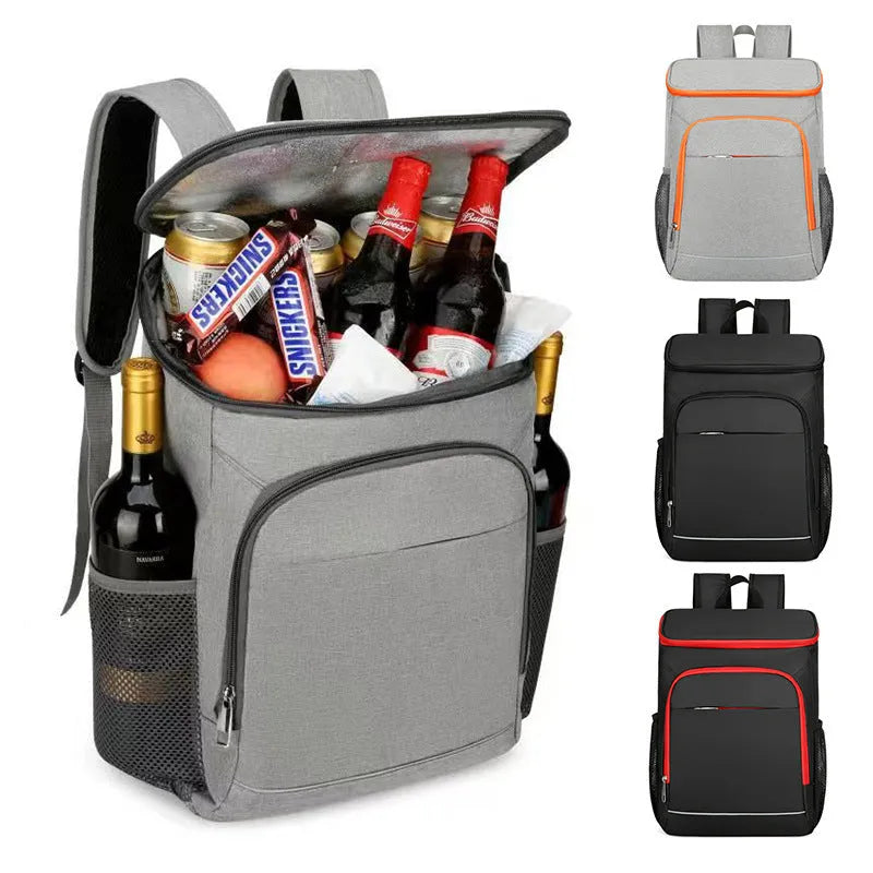 Large black outdoor thermal picnic backpack with curved shoulder straps on a gray background.