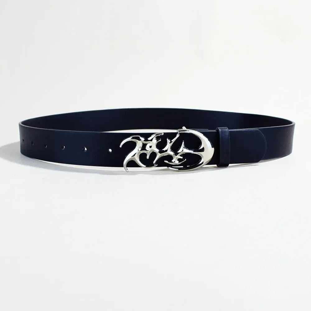 Casual silver buckle belt made from black PU leather with a snap button fastening