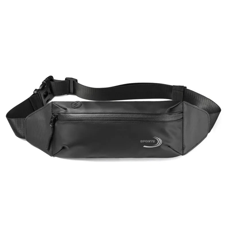 Men's black waterproof sports waist bag with waist strap showing compact design