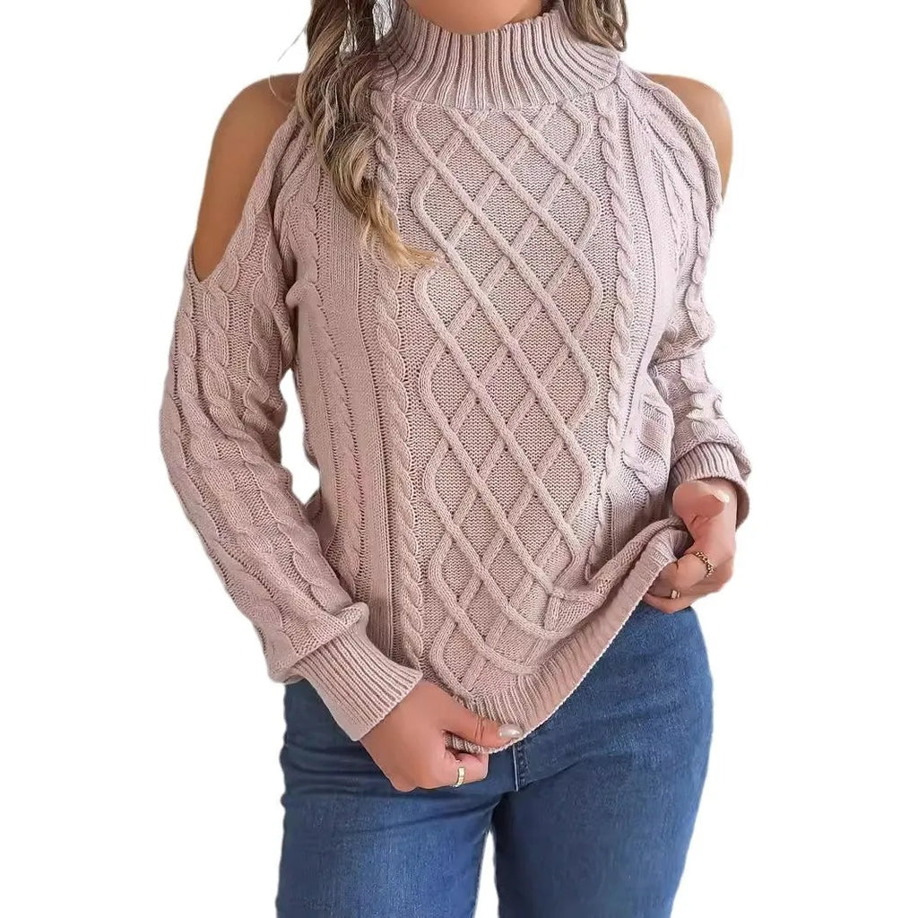 Women's strapless acrylic sweater with twist detail, half-high collar, and long lantern sleeves