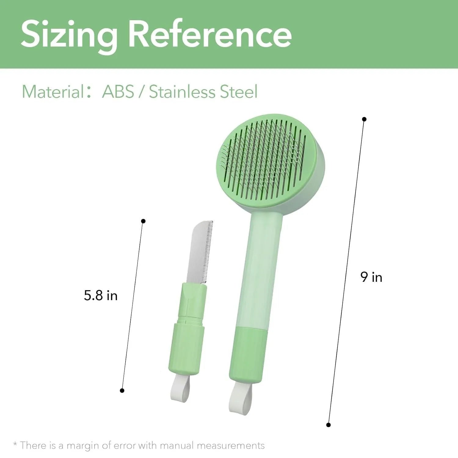 Green and yellow 2-in-1 pet grooming brush with stainless steel bristles for cats and dogs