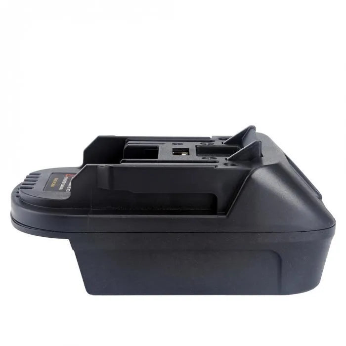 Black battery adapter converting Milwaukee DM18M tools to MAKITA H99F batteries measuring 125x90x65mm