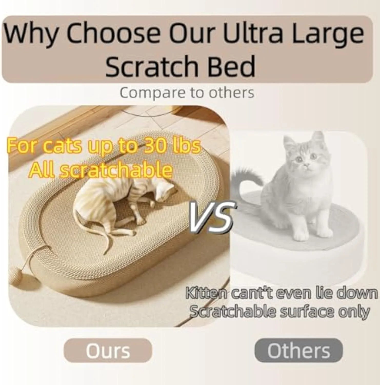 Large sisal cat scratching board with integrated lounge bed featuring adorable cat design