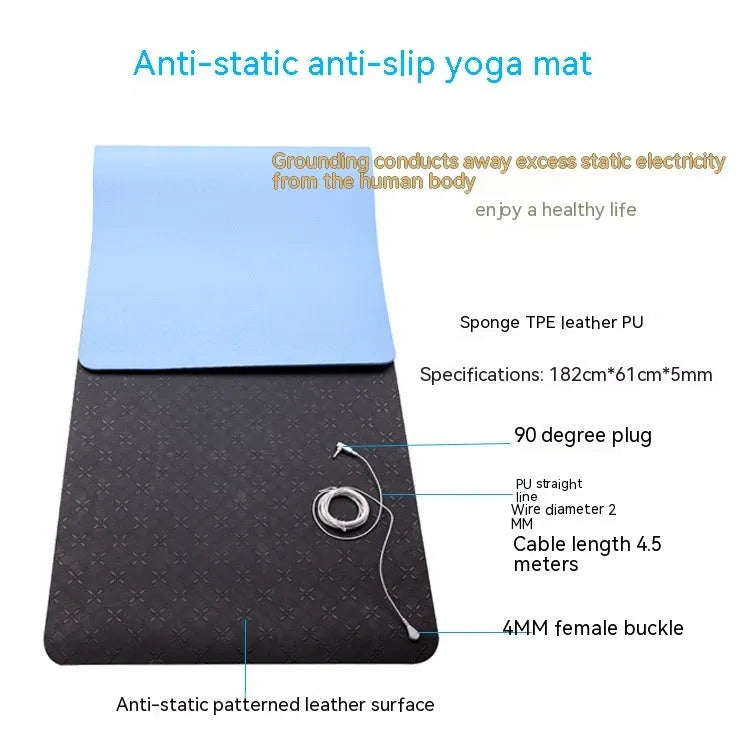 Blue conductive yoga mat with floral pattern and grounding wire for earthing exercises