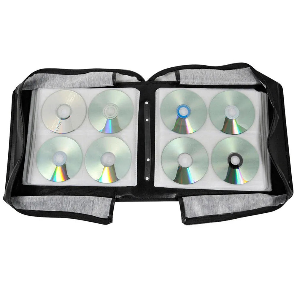 Black Oxford fabric CD DVD storage binder organiser with zipper and top carry strap.