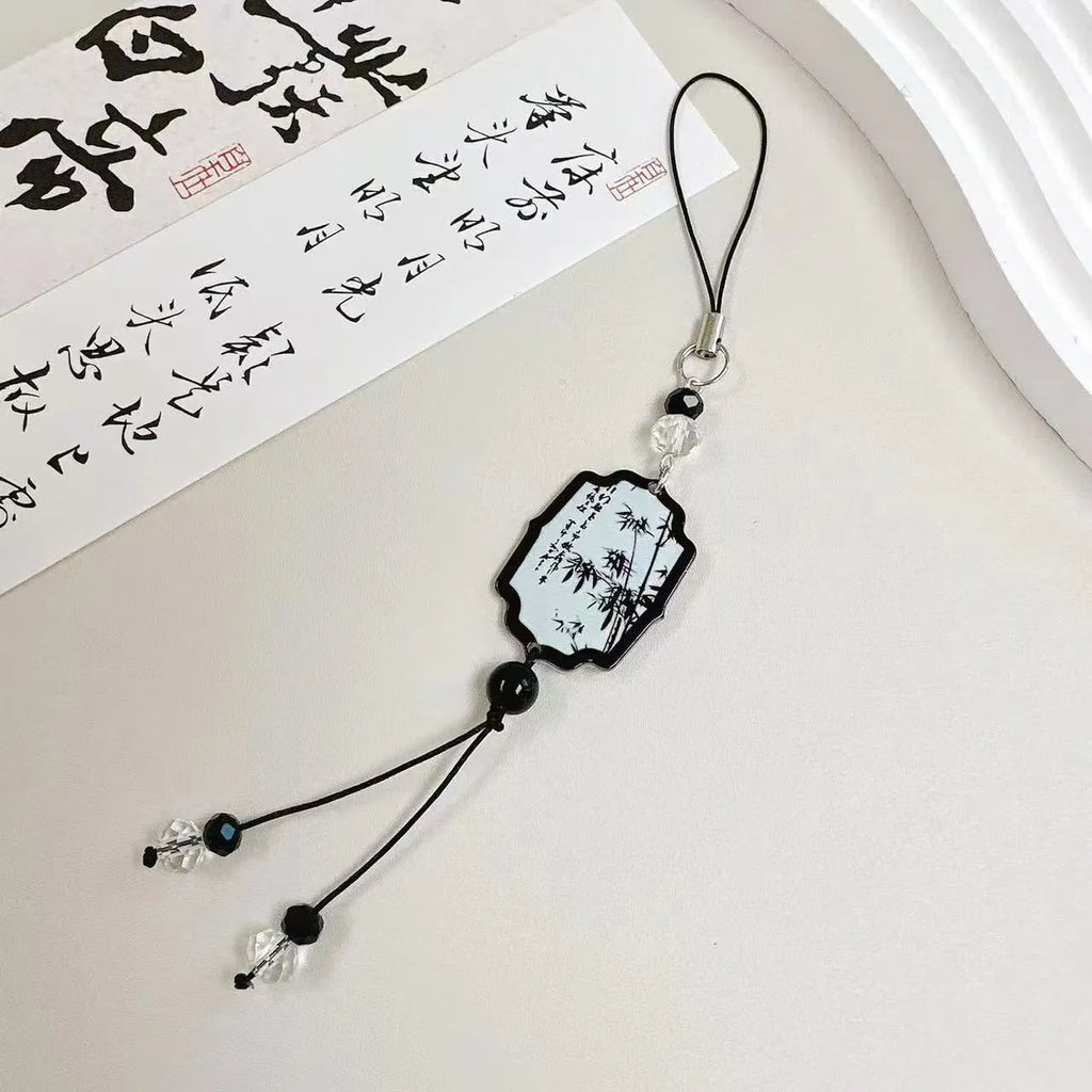 Guofeng Chinese style beaded keychain with detailed plant and flower pattern in Fan or Poetry colour.