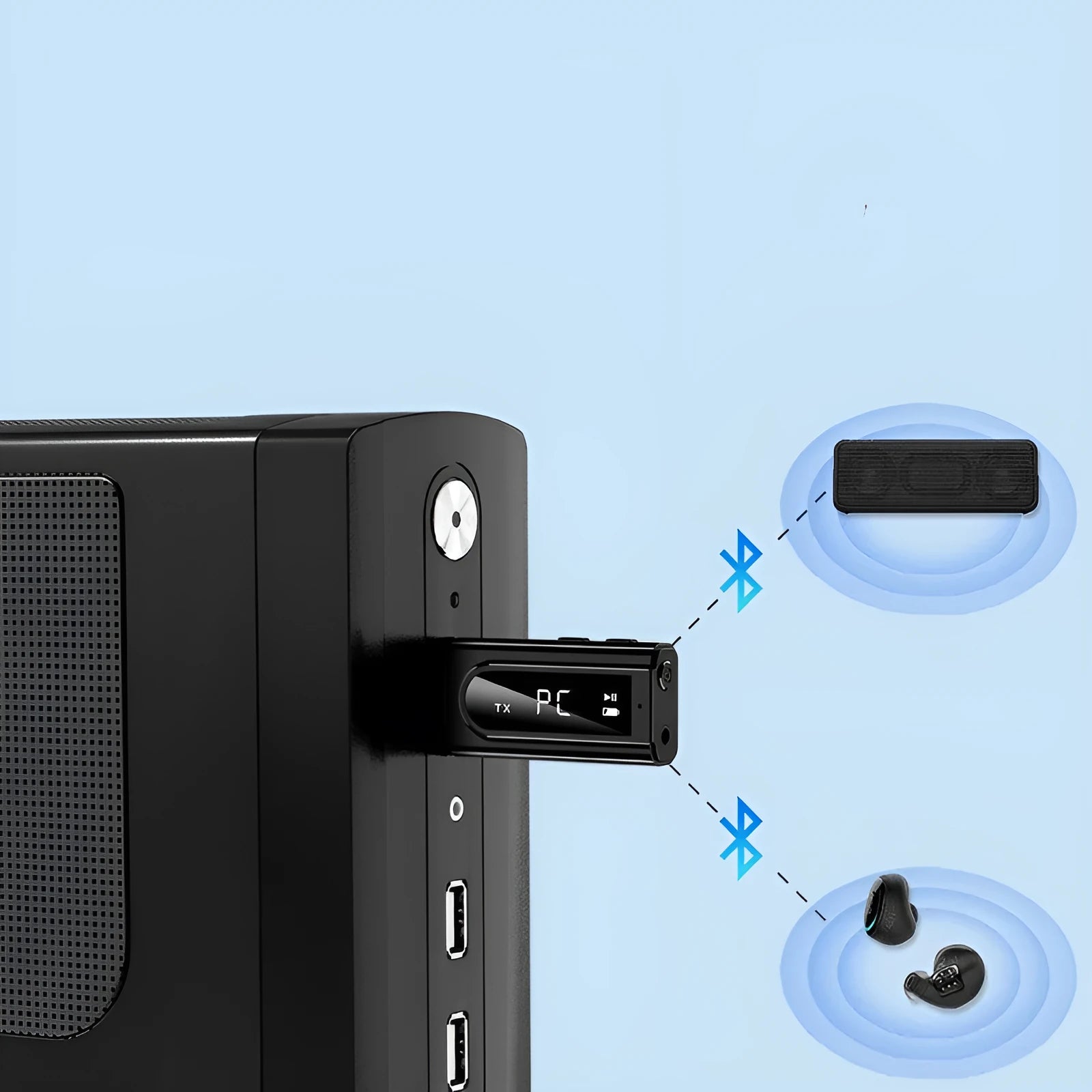 Black USB car FM Bluetooth receiver for wireless audio streaming and hands-free calls.