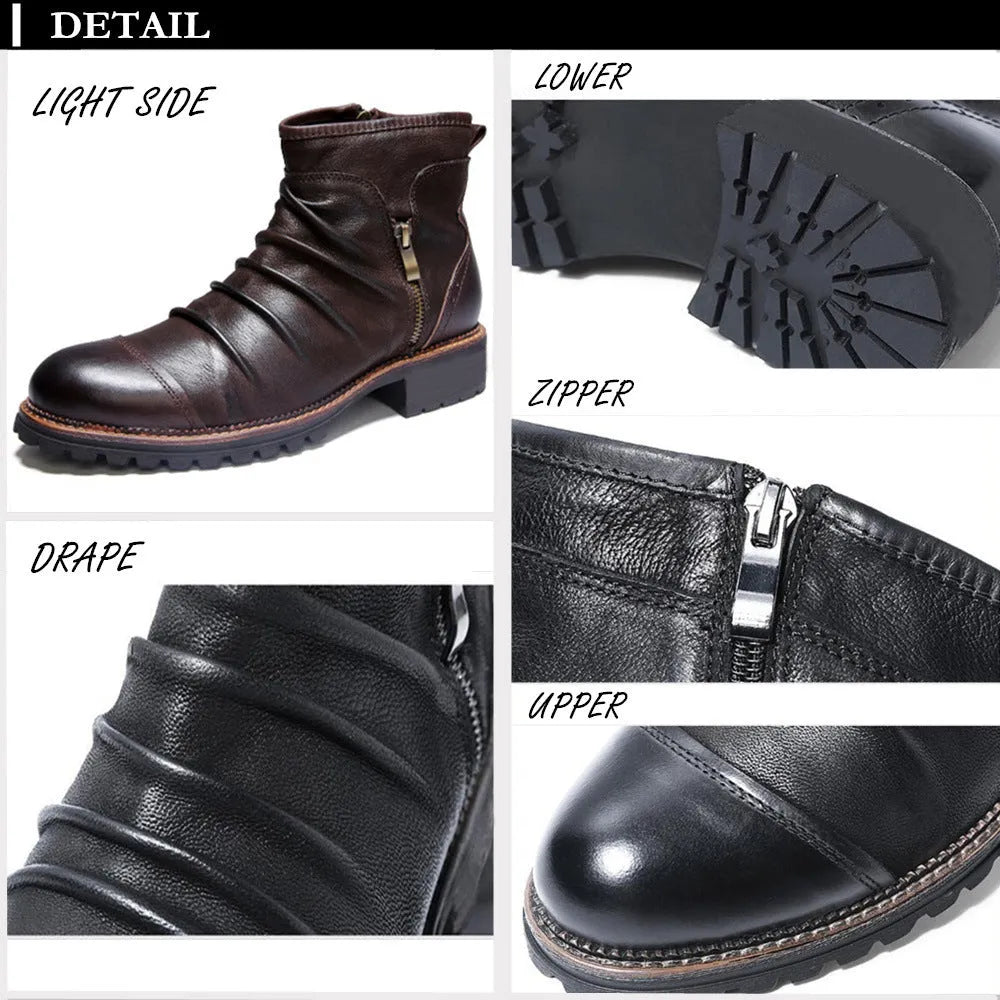 Men's black side zip cowboy boots with a round toe and mid-height horseshoe heel on a white background.