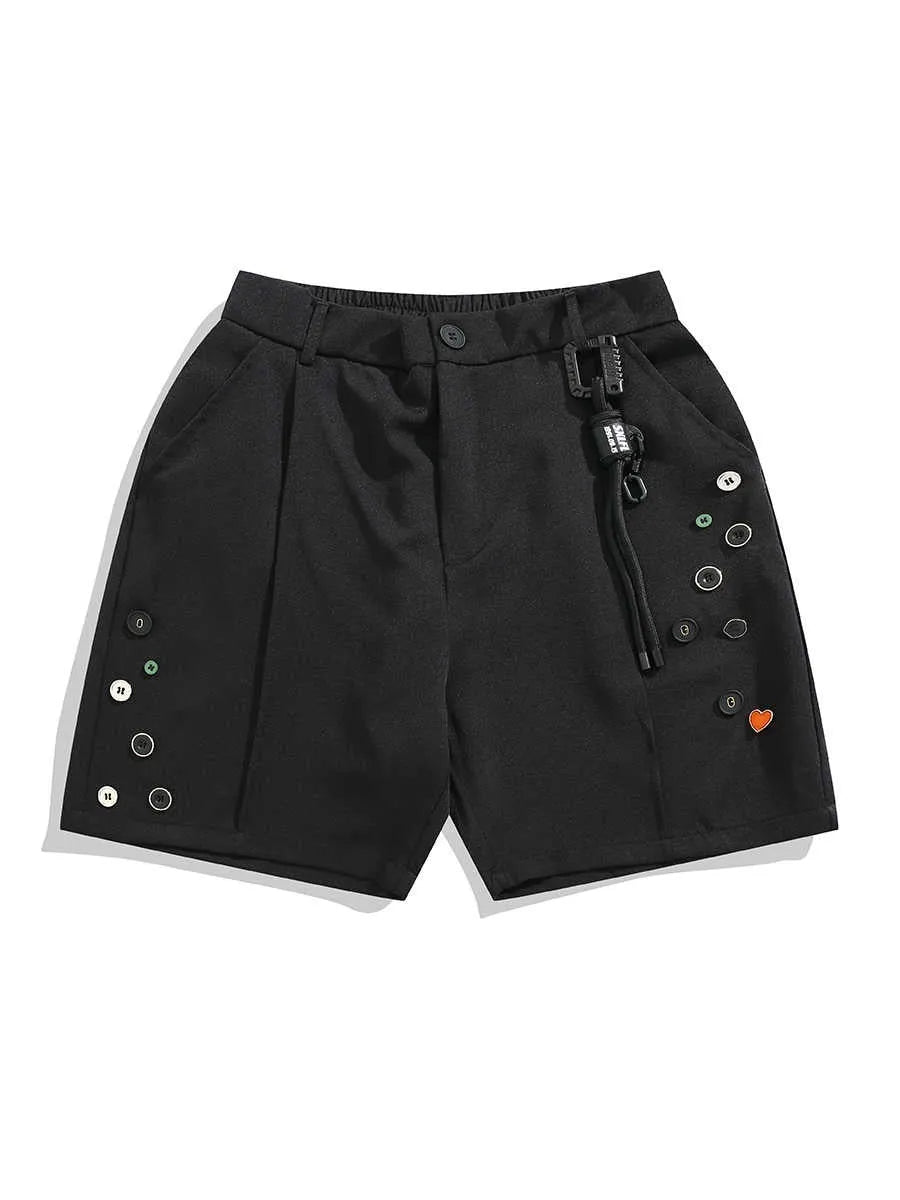 Black men's loose-fit casual shorts with a semi-elastic waistband, colour button, and zip fly.