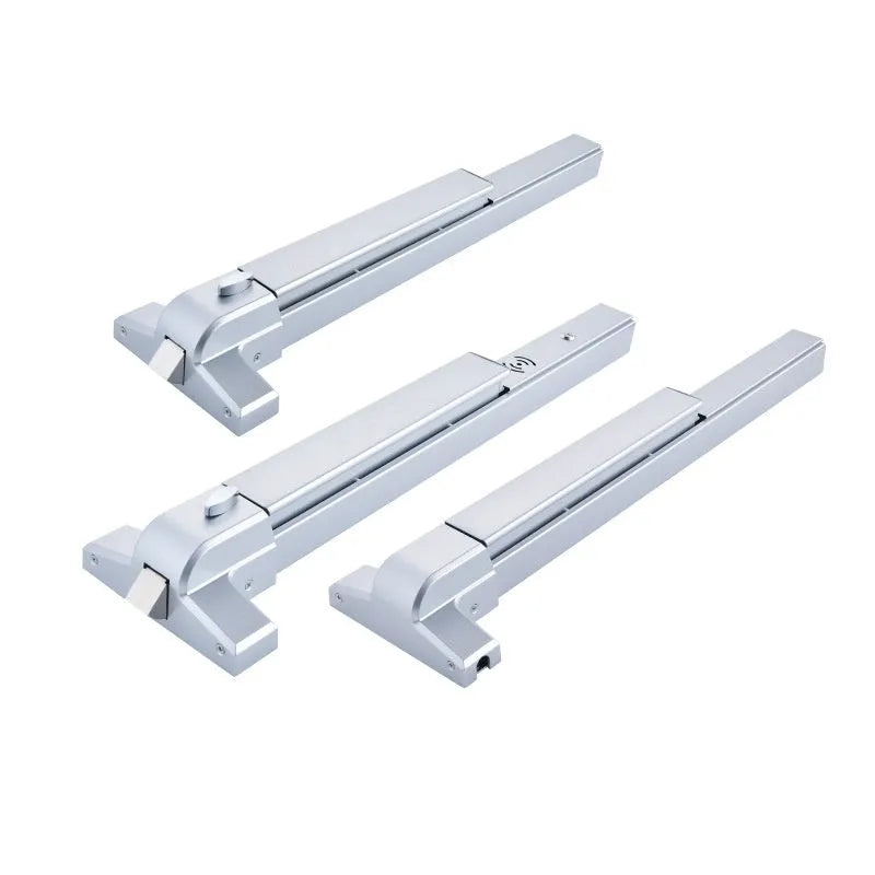 Stainless steel fire door push lock with external handle on a baked paint door