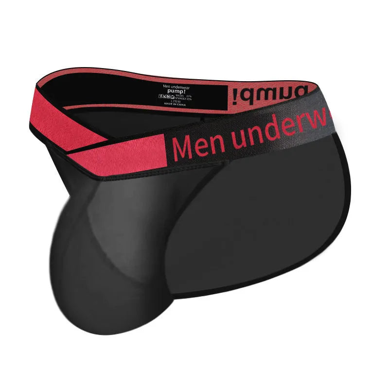 Men's black nylon underwear with a low waist and large V gradient high-cut design on a white background.