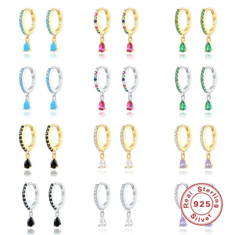 S925 sterling silver geometric water drop earrings with electroplated finish and decorative stone inlay.
