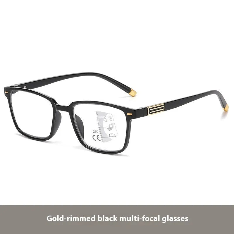 Multifocal reading glasses with colour-changing lenses and anti-blue light coating