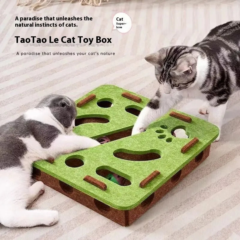 Felt cat toy with interactive hole measuring 30cm in green brown, camel white, and grey colour options