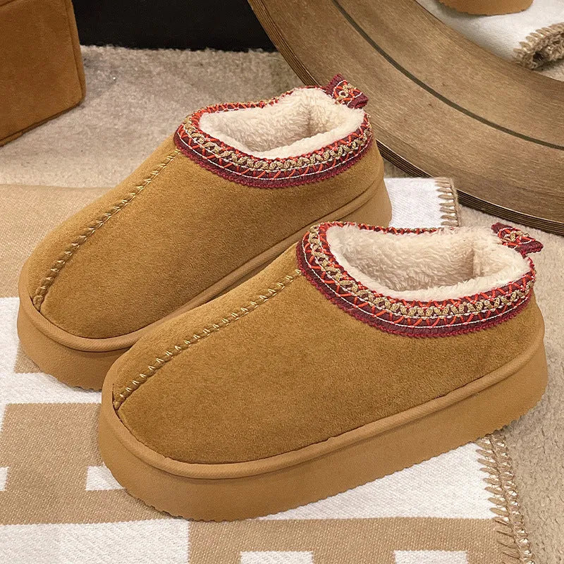 Women's suede cotton bag heel slippers in beige, warm indoor footwear for autumn winter with PVC sole