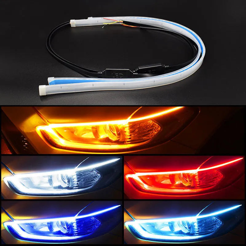 Slim silicone car LED daytime running light strip with flowing turn signal effect on a vehicle headlight.