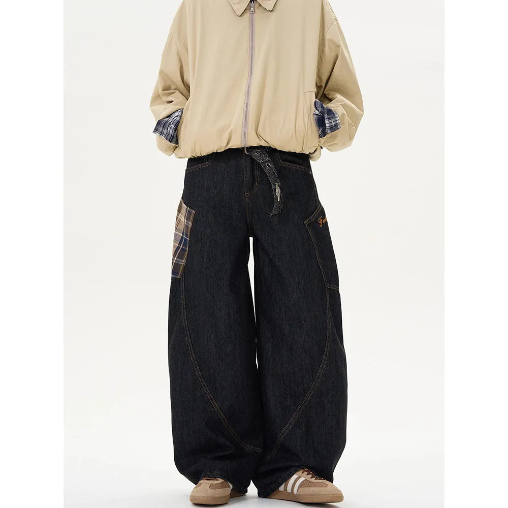 Loose retro casual pants in coffee plaid with mid-waist straight-leg fit, cotton blend material