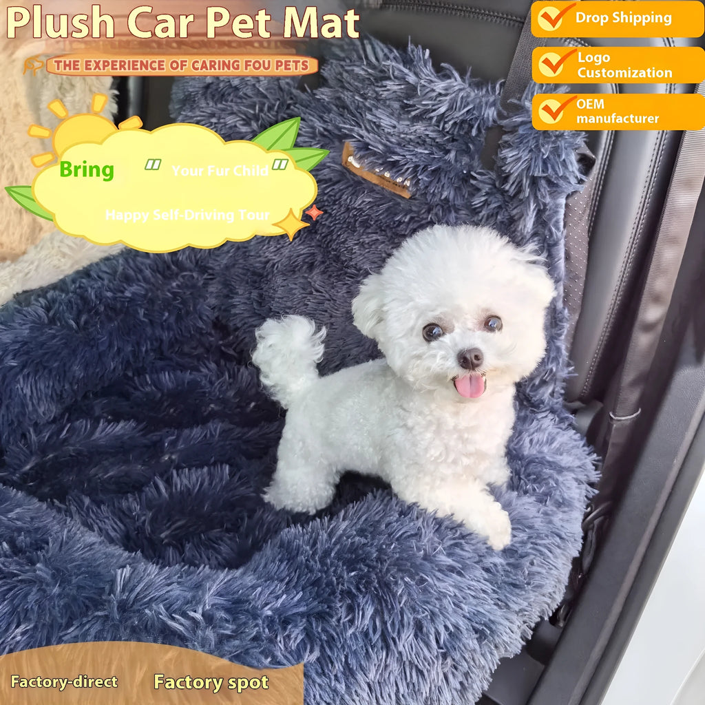 Beige cloth pet mat for car seats, shown on a vehicle seat with a dog.