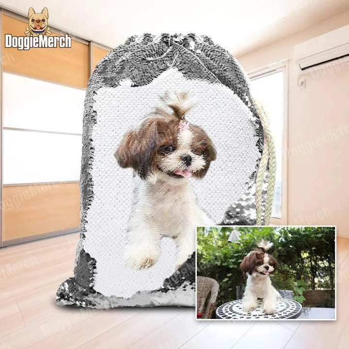 Custom pet photo backpack with glittering sequins in purple, gold or silver options