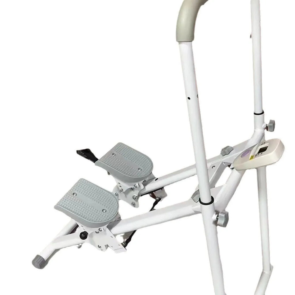 White foldable treadmill integrated with a climbing frame for home fitness exercise.