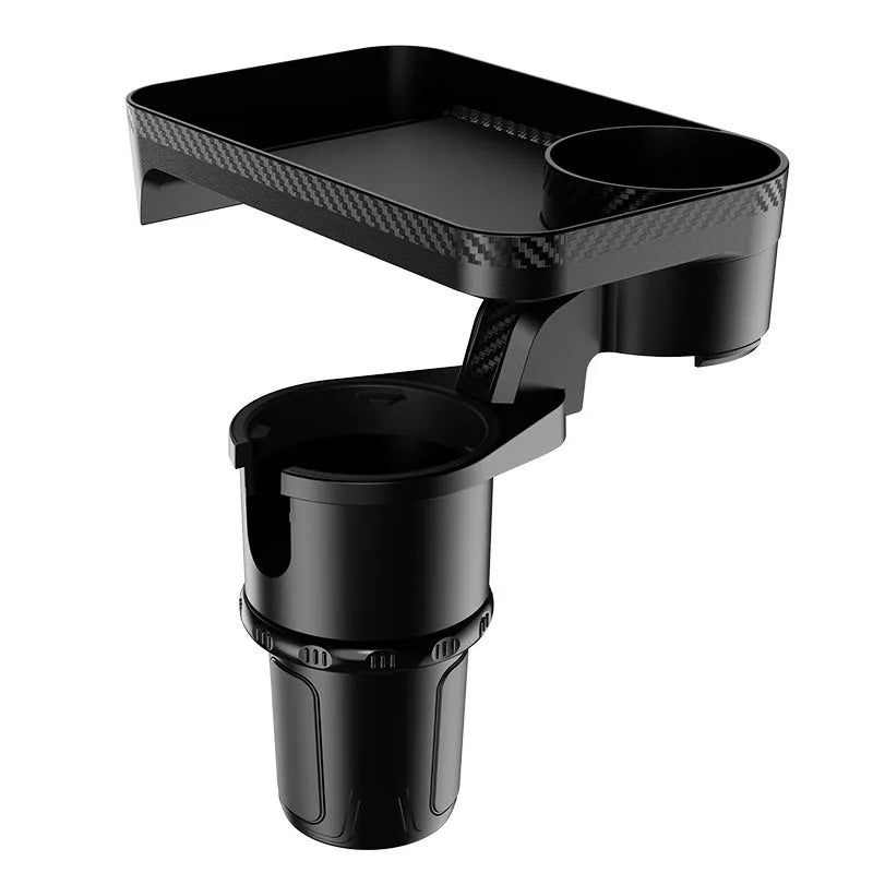 Black car dinner tray holder with 360-degree rotating mechanism mounted in vehicle cup holder