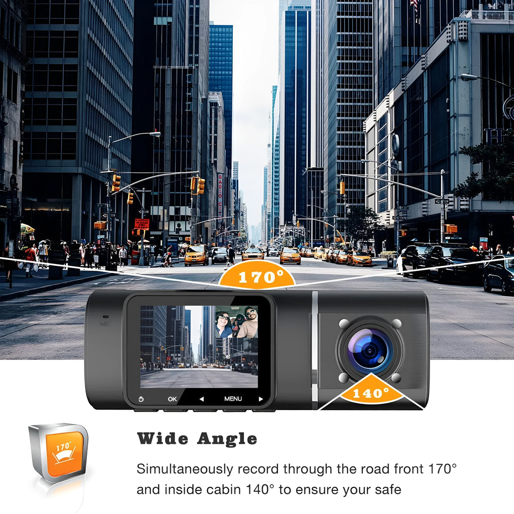 Standard black car dash camera for front and rear recording with a 1.5-inch screen