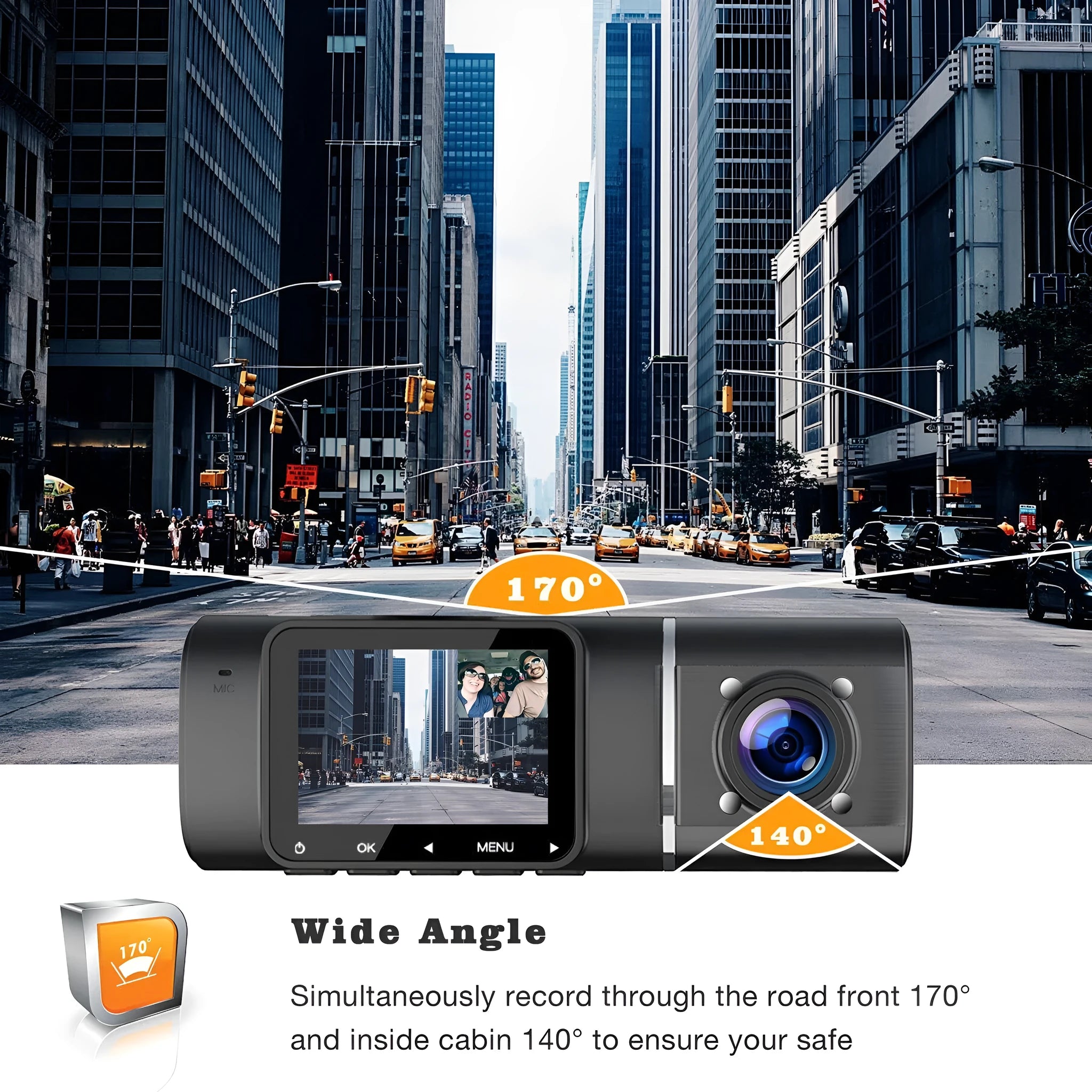 Standard black car dash camera for front and rear recording with a 1.5-inch screen
