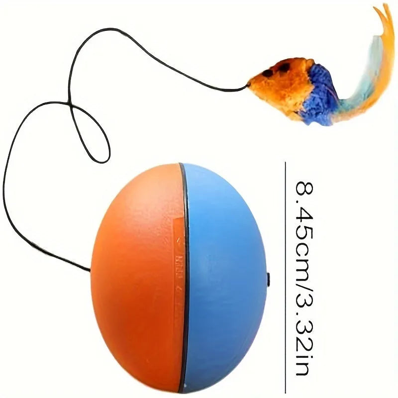Blue and orange interactive cat toy ball with plush mouse attachment measuring 8.5*8.5*9 cm