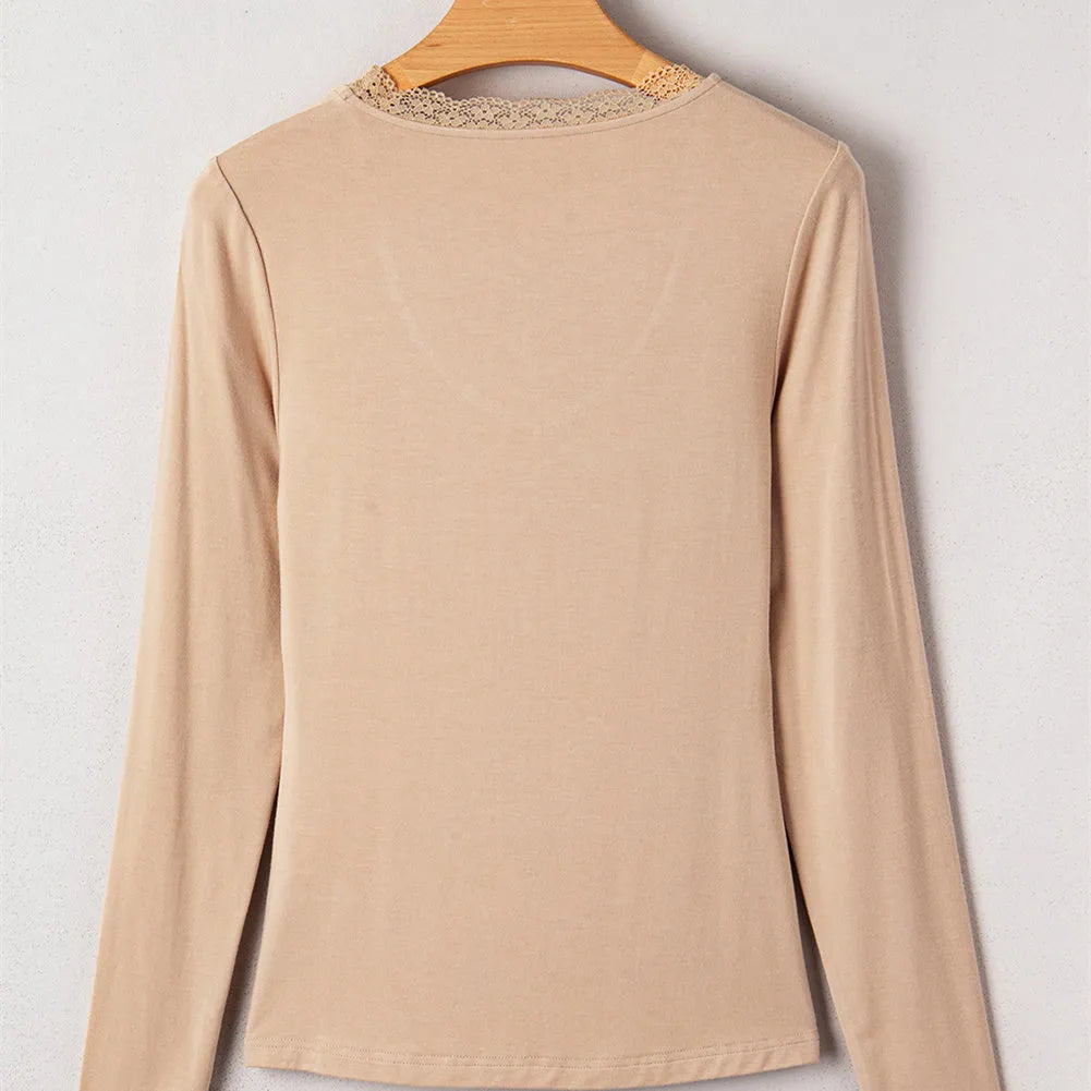 Women's red slim fit long sleeve casual top with lace trim detail