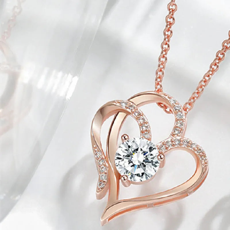 925 silver heart necklace in platinum, gold or rose gold finishes with diamond cut treatment