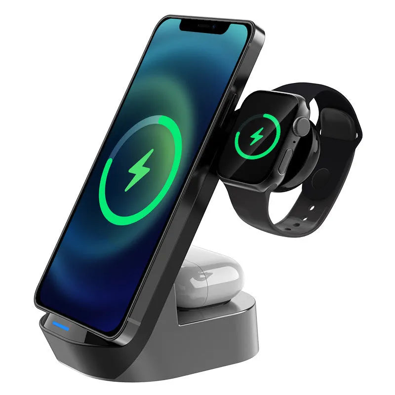 Black foldable 3-in-1 wireless charging stand showing phone, watch and earbuds case charging simultaneously.